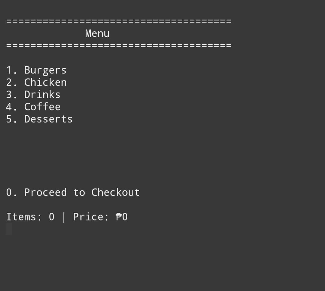 Ordering System Console Output